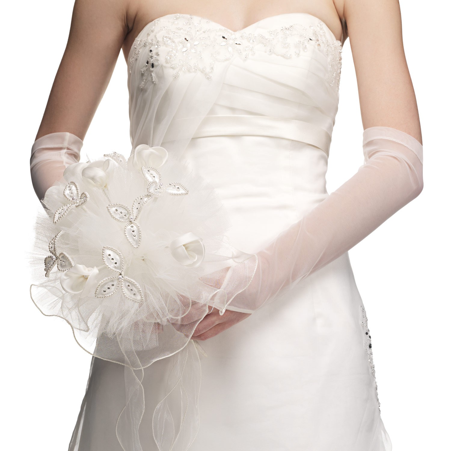 Bouquet de mariée en tulle ivoire ou blanc avec fleurs et feuilles
