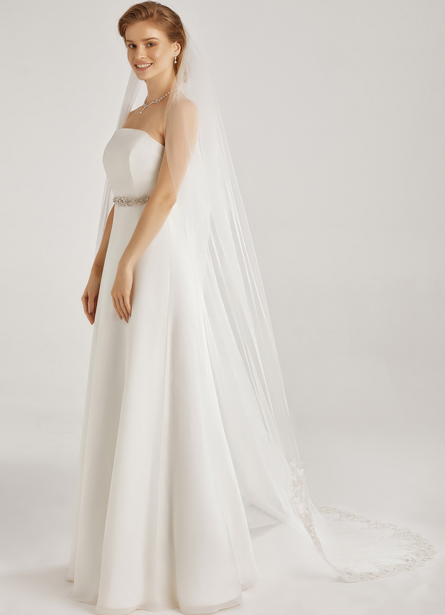 Voile De Mariée Court Une Couche – Bordure Dentelle, Tulle Polyester, Blanc, Longueur Ajustable
